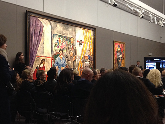 Petr Petrovich Konchalovsky’s monumental ‘Family Portrait in the Artist’s Studio,’ and Robert Rafaelovich Falk’s ‘Man in a Bowler Hat (Portrait of Yakov Kagan-Shabshai),’ hanging at Sotheby’s on Monday Nov. 25. Both lots were sold by private treaty prior to the auction. Image Auction Central News.